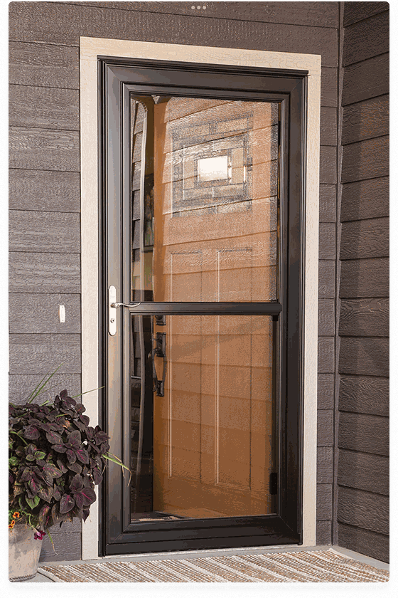 black-aluminum-storm-security-door-residential Black full-view aluminum storm security door on a gray wood-siding home with potted purple flowers