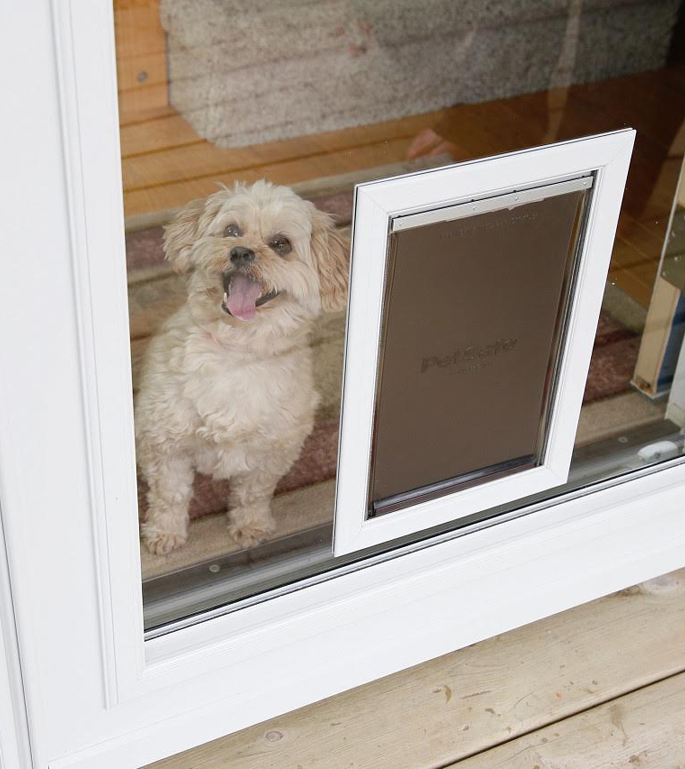 dog-white-sliding-glass-door-pet-insert White storm door with pet door