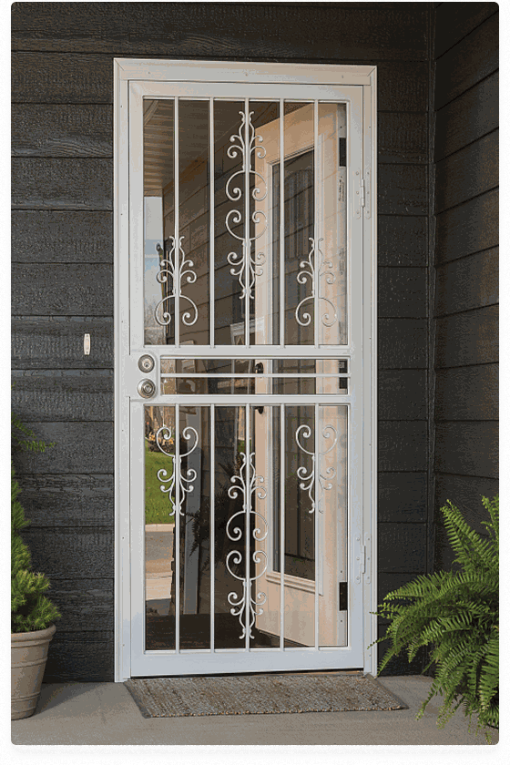 white-ornamental-iron-security-door-residential White wrought iron ornamental security screen door with decorative scroll design on a dark-siding house with fern plants